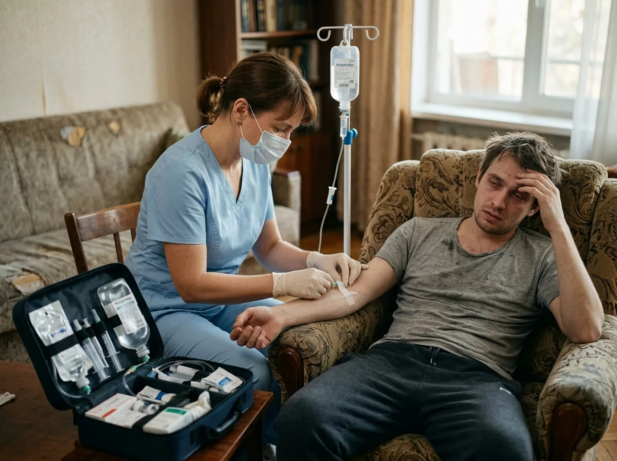 Капельница на дому — врач устанавливает систему внутривенной инфузии пациенту после алкогольного отравления