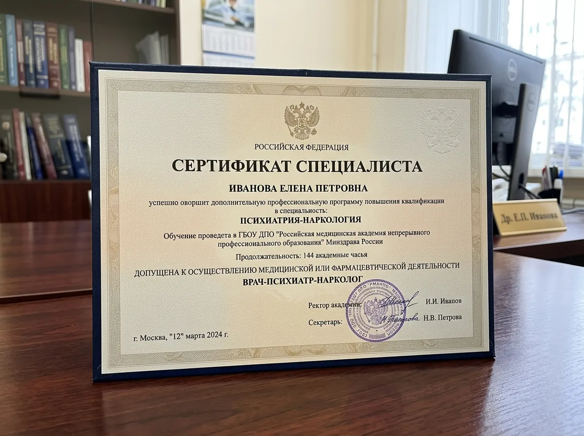 Сертификат специалиста врача-нарколога — документ о прохождении повышения квалификации по психиатрии и наркологии